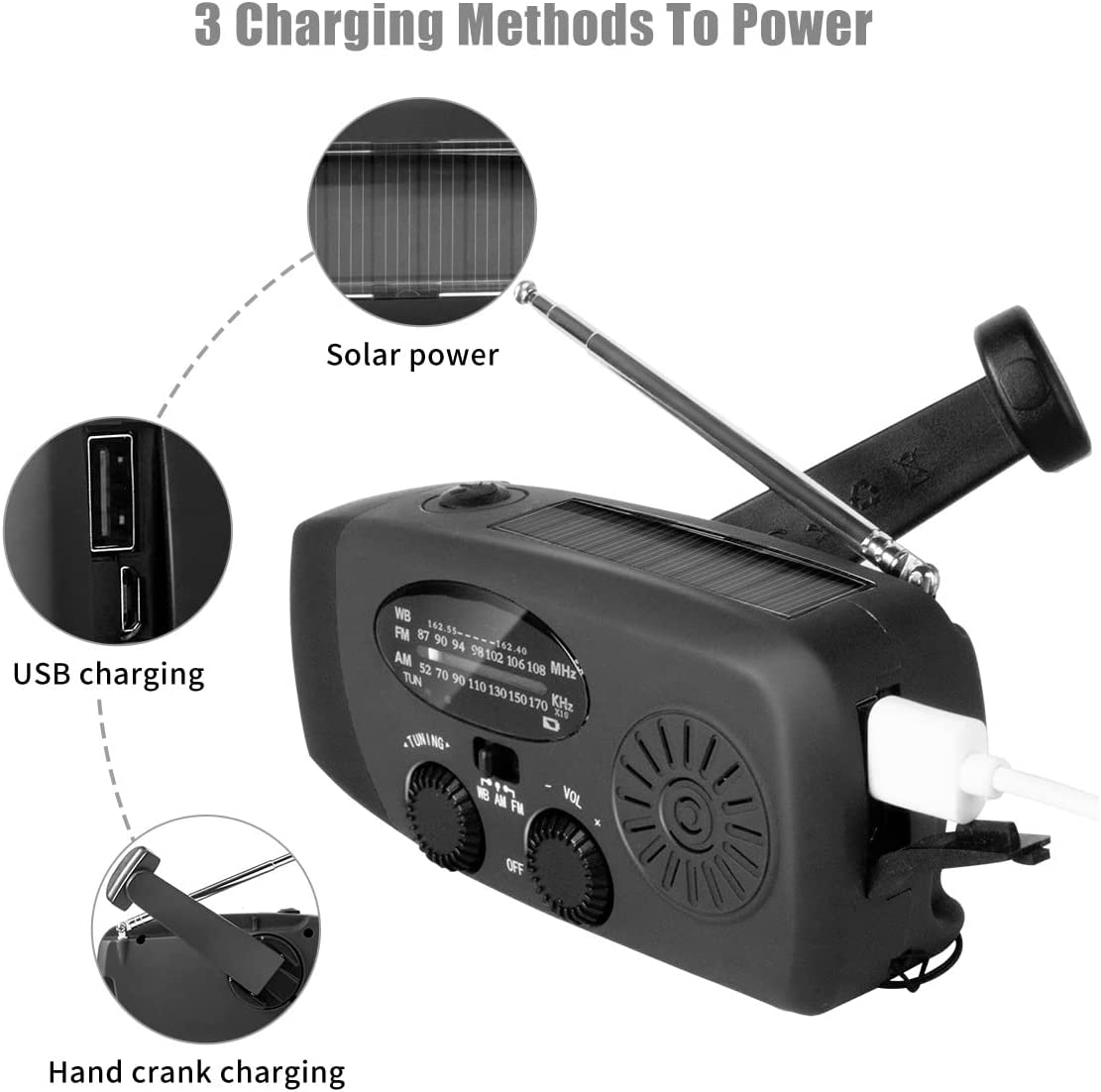 Emergency Solar Hand Crank Weather Radio With LED Flashlight 2000mAh Solar Power Bank Cell Phone Charger For Home And Outdoor