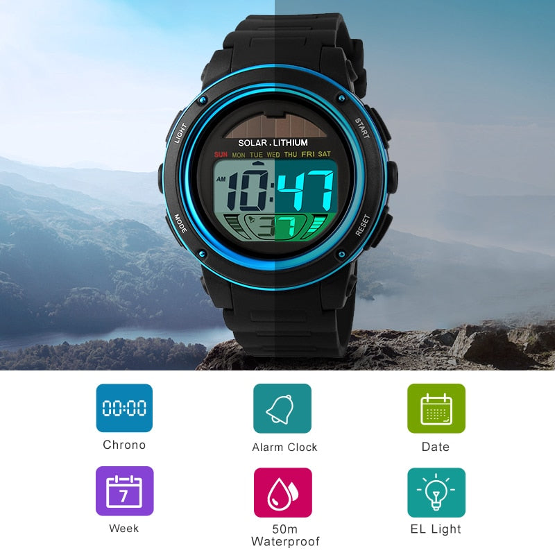 SKMEI 1096 Outdoor Sport Watch Men Solar PU Strap Wristwatches Mens Chronograph Alarm 5Bar Waterproof Digital Watch reloj hombre