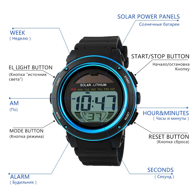 SKMEI 1096 Outdoor Sport Watch Men Solar PU Strap Wristwatches Mens Chronograph Alarm 5Bar Waterproof Digital Watch reloj hombre