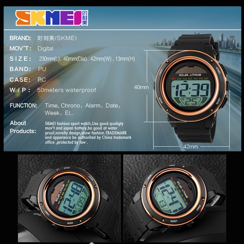 SKMEI 1096 Outdoor Sport Watch Men Solar PU Strap Wristwatches Mens Chronograph Alarm 5Bar Waterproof Digital Watch reloj hombre