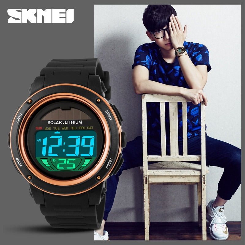 SKMEI 1096 Outdoor Sport Watch Men Solar PU Strap Wristwatches Mens Chronograph Alarm 5Bar Waterproof Digital Watch reloj hombre