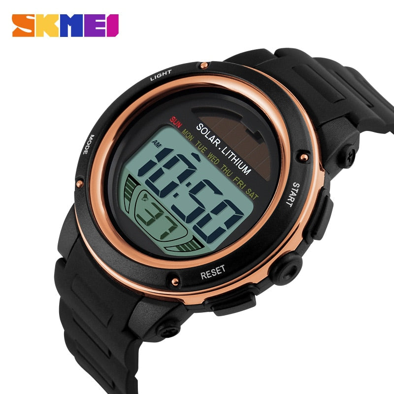 SKMEI 1096 Outdoor Sport Watch Men Solar PU Strap Wristwatches Mens Chronograph Alarm 5Bar Waterproof Digital Watch reloj hombre